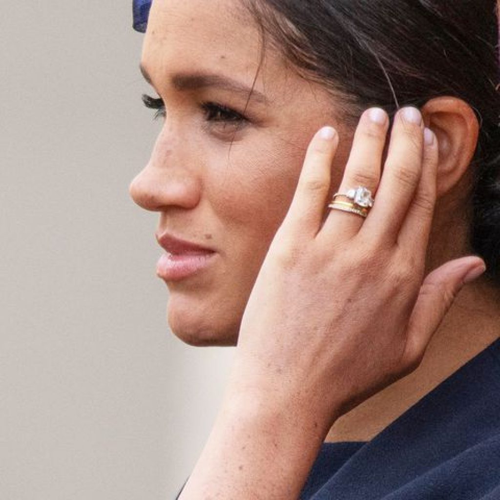 Meghan Markle Bespoke Eternity Ring on hand with Engagement and wedding ring