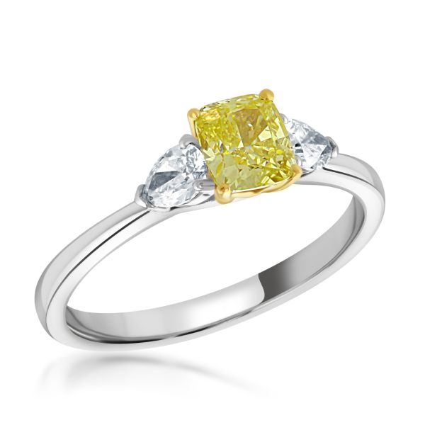 18ct White Gold 1.07ct Cushion Cut Yellow Diamond Three Stone Ring-0103257