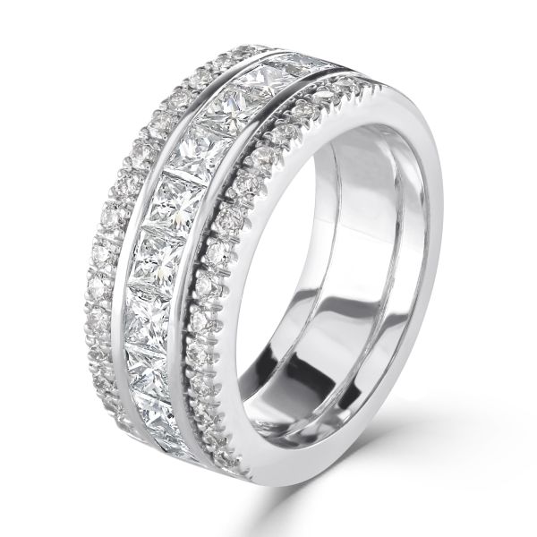 18ct White Gold 3 Row Princess & Brilliant Cut Diamond Ring-1