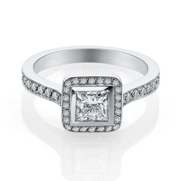 Platinum Princess & Brilliant Cut Diamond Cluster Ring-3
