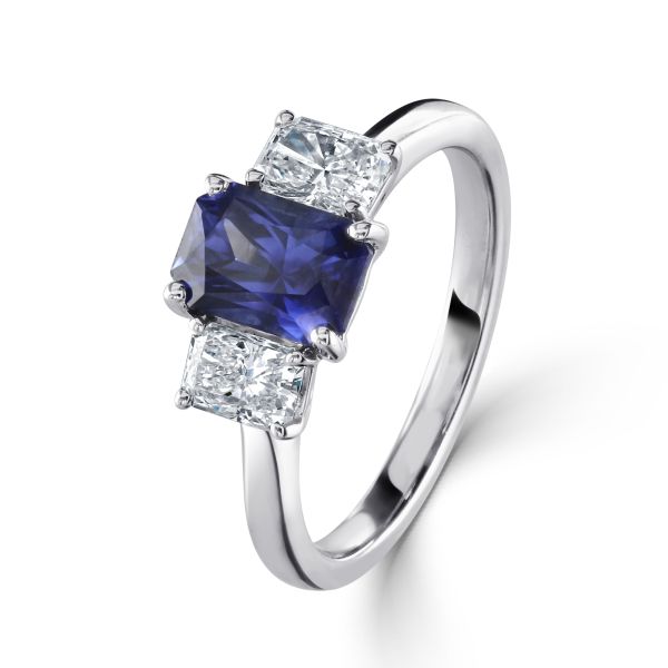 18ct White Gold Sapphire & Diamond Three Stone Ring-0203128