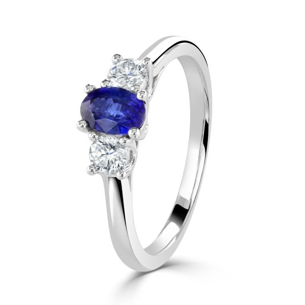18ct White Gold Oval Sapphire & Diamond Three Stone Ring-1
