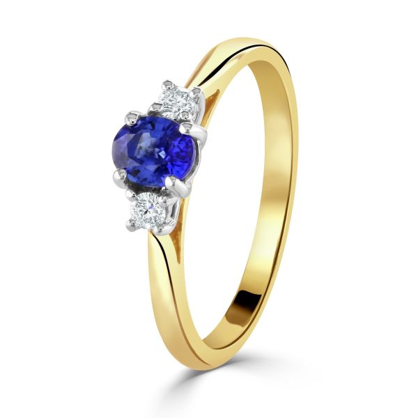 18ct Yellow Gold Round Brilliant Sapphire & Diamond Three Stone Ring-0203139