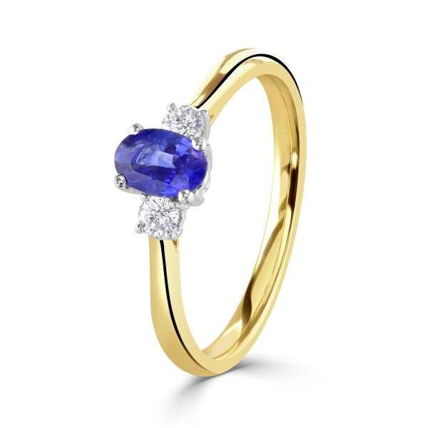 18ct Yellow Gold Oval Cut Blue Sapphire & Diamond Three Stone Ring-1