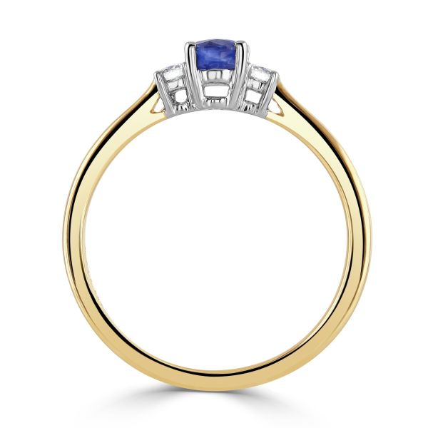 18ct Yellow Gold Oval Cut Blue Sapphire & Diamond Three Stone Ring-2