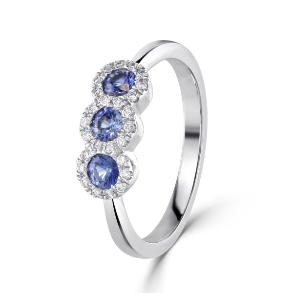 18ct White Gold Sapphire & Diamond Three Stone Cluster Ring-0205069