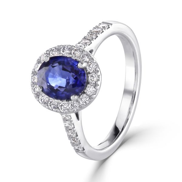 18ct White Gold Oval Blue Sapphire & Diamond Cluster Ring-1
