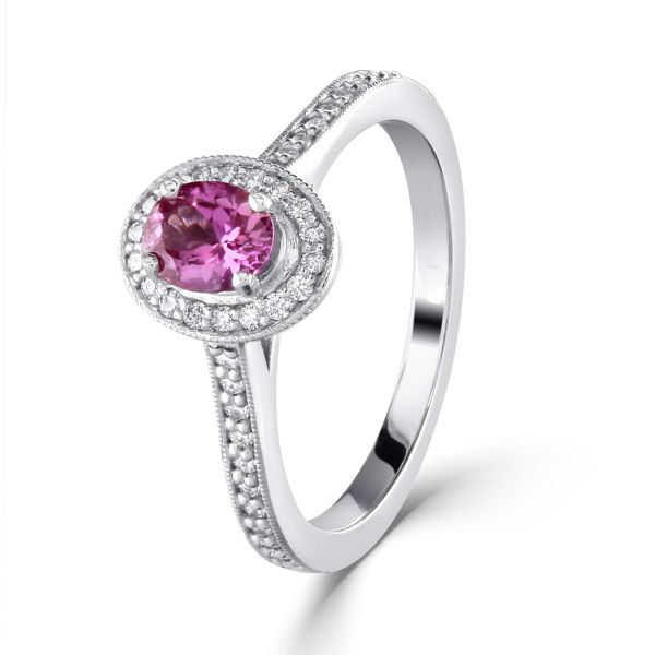18ct White Gold Oval Pink Sapphire & Diamond Cluster Ring-0205090