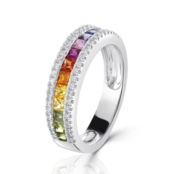 18ct White Gold Rainbow Sapphire & Diamond Half Eternity Ring-1