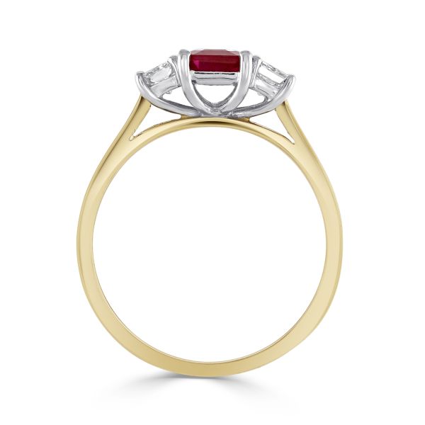 18ct Yellow Gold Emerald Cut Ruby & Diamond Three Stone Ring-2