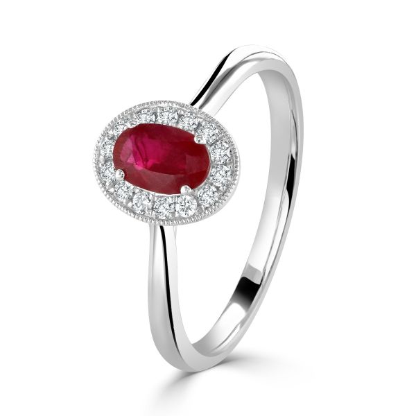 18ct White Gold Oval Cut Ruby & Diamond Cluster RIng-0305054