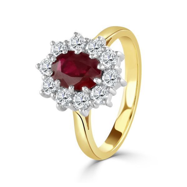 18ct Yellow Gold Oval Cut Ruby & Diamond Cluster Ring-0305061