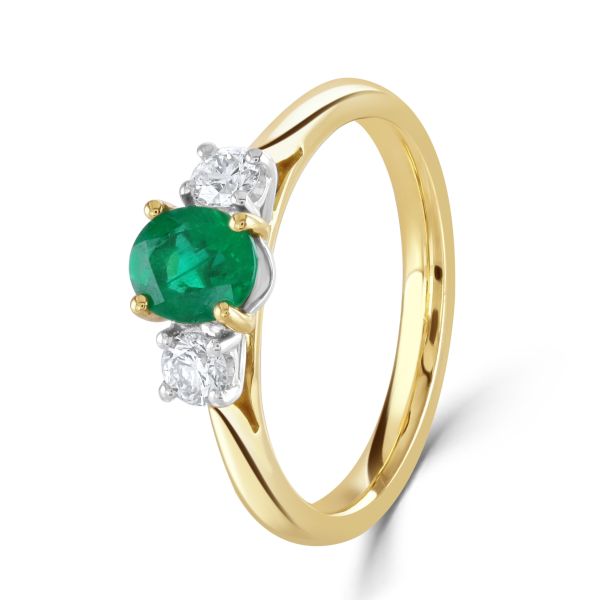 18ct Yellow Gold Oval Emerald & Diamond Three Stone Ring-1