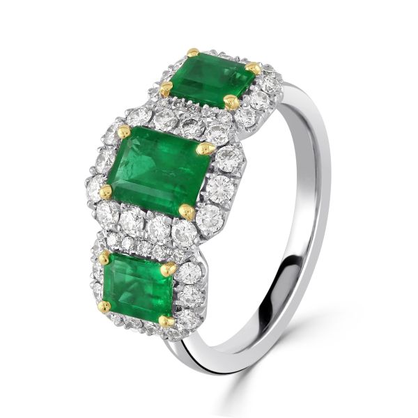 Platinum & 18ct Yellow Gold 3 Stone Emerald & Diamond Cluster Ring-0403037