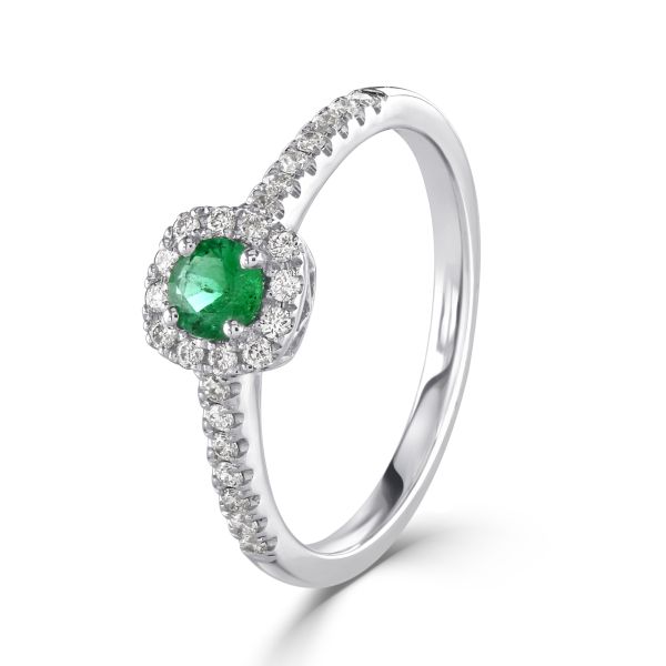 18ct White Gold Round Brilliant Emerald & Diamond Cluster Ring-0405024