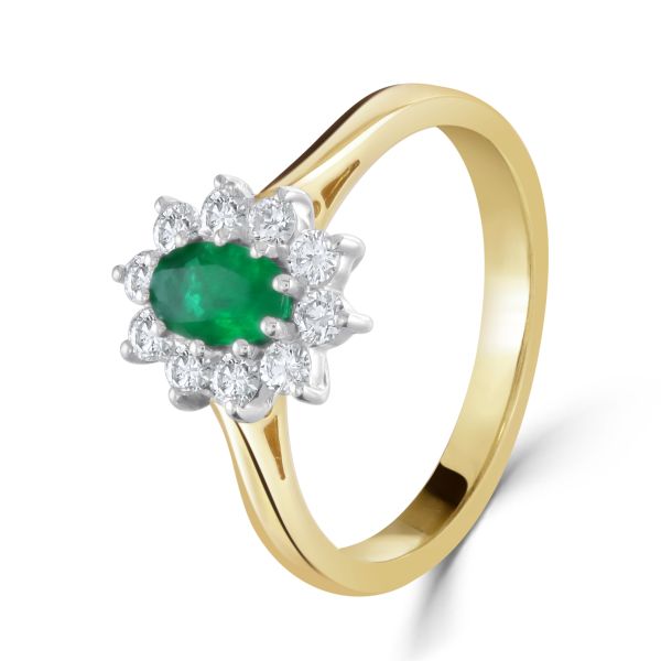 18ct Yellow Gold Oval Emerald & Diamond Cluster Ring-1