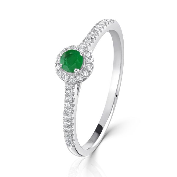 18ct White Gold Round Brilliant Cut Emerald & Diamond Cluster Ring-0405029