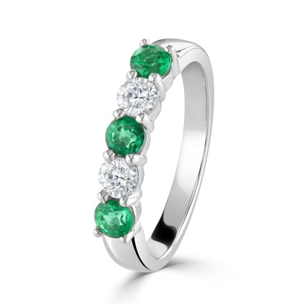 18ct White Gold Emerald & Diamond Claw Set 5 Stone Ring-1
