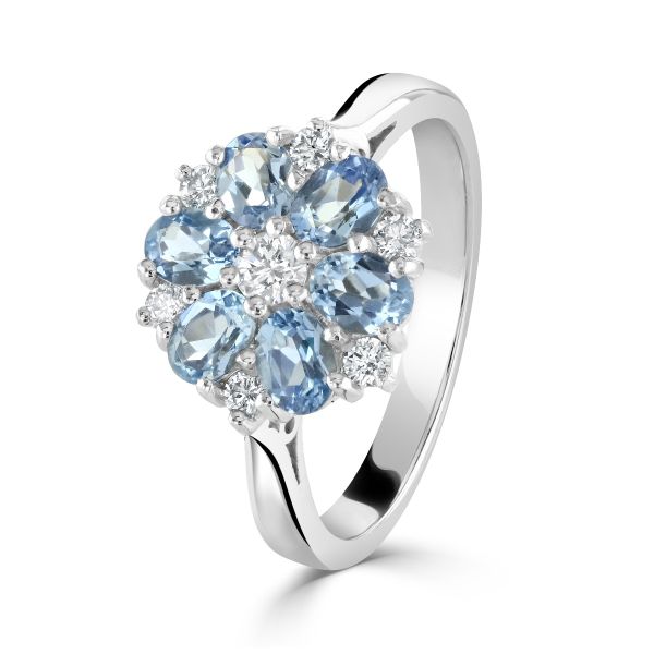18ct White Gold Aquamarine & Diamond Flower Ring-1