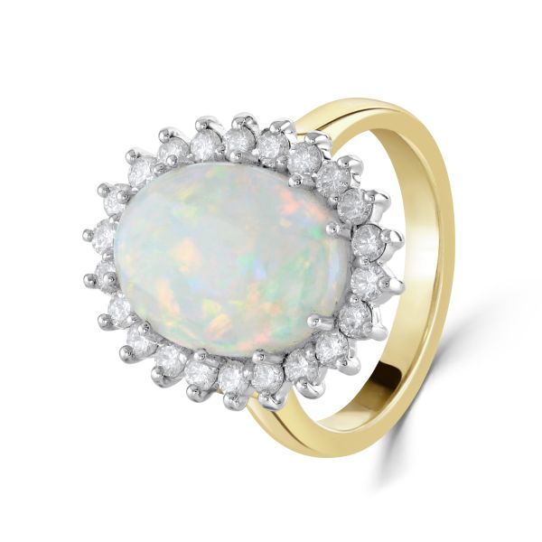 18ct White & Yellow Gold Oval Opal & Diamond Claw Set Ring-1