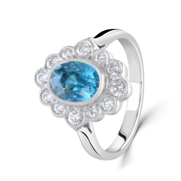 18ct White Gold Oval Blue Zircon & Diamond Cluster Ring-1