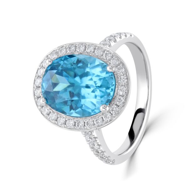 18ct White Gold Oval Blue Zircon & Diamond Cluster Ring-1