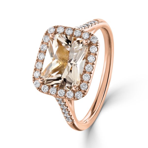 18ct Rose Gold Radiant Cut Morganite & Diamond Halo Ring-1