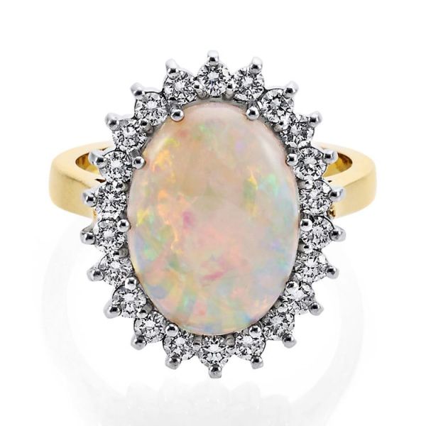 18ct White & Yellow Gold Oval Opal & Diamond Claw Set Ring-2