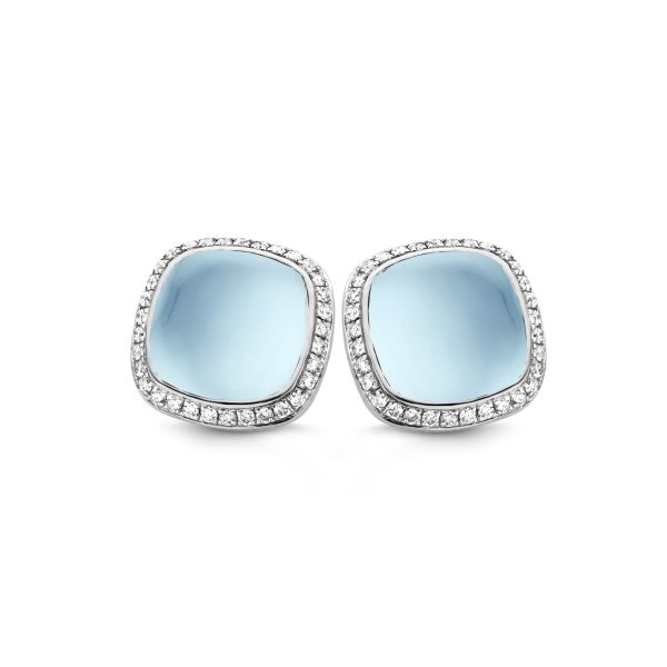 One More Ladies 18ct White Gold Blue Topaz on Mother of Pearl & Diamond Stud Earrings-1