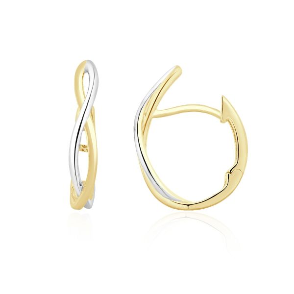 9ct Yellow and White Gold Twisted Plait Huggie Hoop Earrings-1