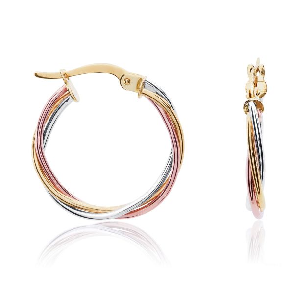 9ct Yellow White and Rose Gold Twisted Russian Hoop Earrings-1