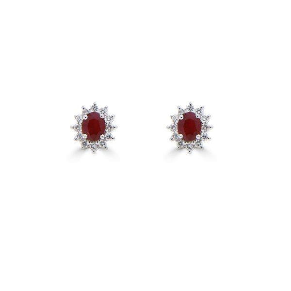18ct White Gold Oval Ruby & Diamond Star Cluster Stud Earrings-2