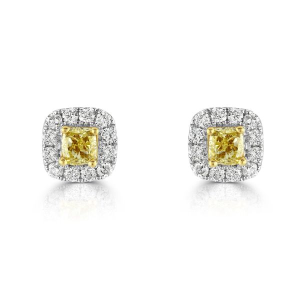18ct White Gold Cushion Cut Yellow Diamond Cluster Earrings-1