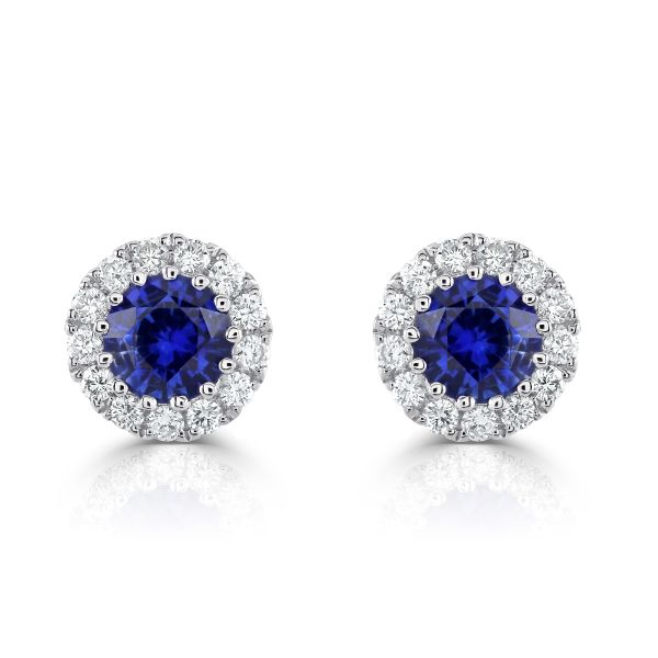 18ct White Gold Round Brilliant Sapphire & Diamond Cluster Earrings-1