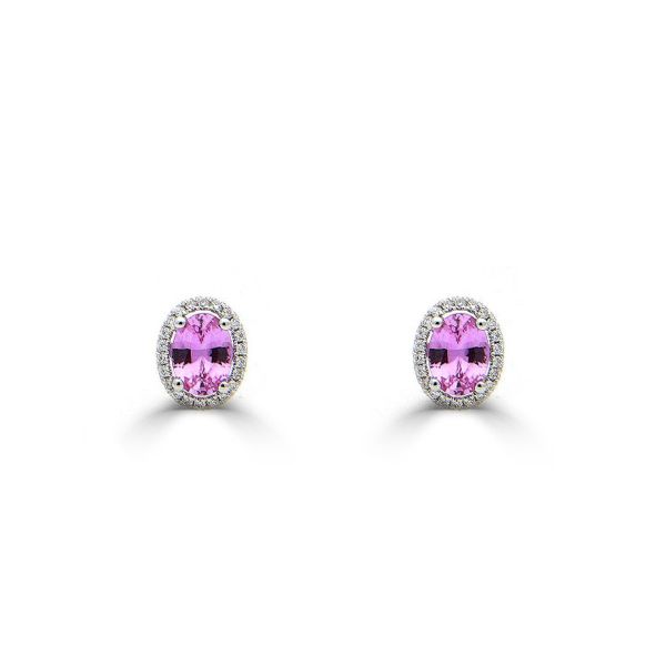 18ct White Gold Oval Pink Sapphire & Diamond Cluster Stud Earrings-1