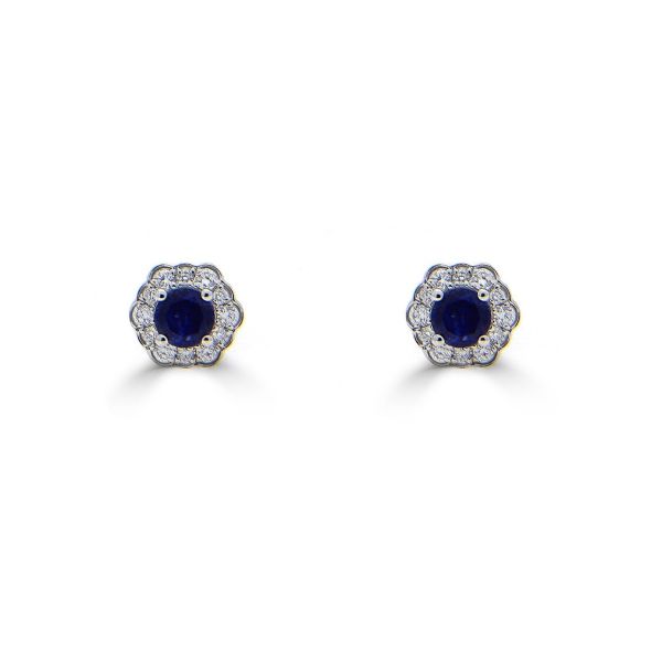 18ct White Gold Round Brilliant Sapphire & Diamond Cluster Stud Earrings-1