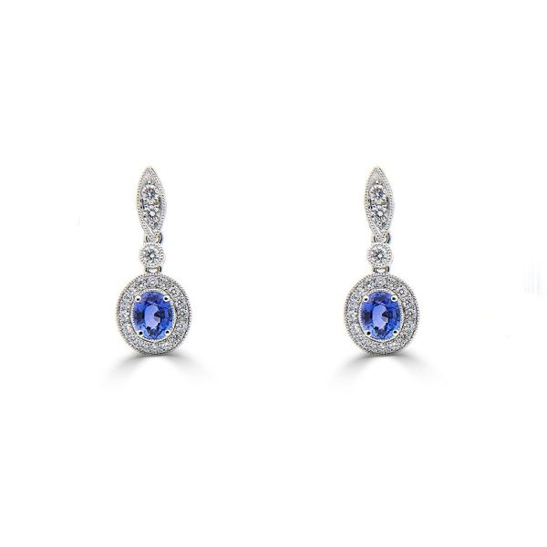 18ct White Gold Sapphire & Diamond Millgrain Cluster Drop Earrings-1