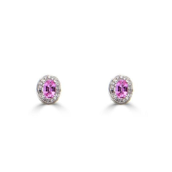 9ct White Gold Oval Pink Sapphire & Diamond Cluster Stud Earrings-1