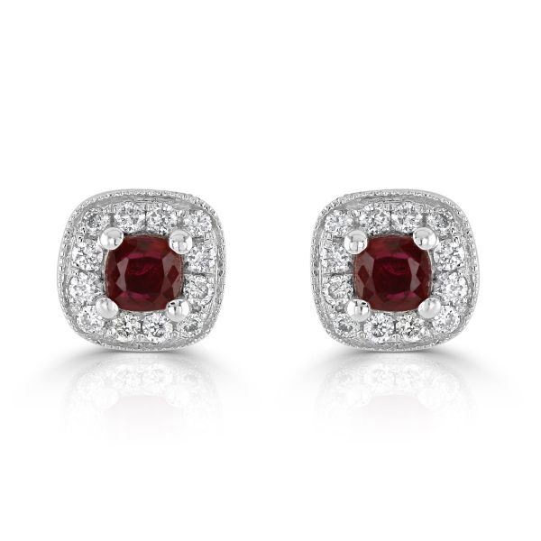 18ct White Gold Ruby & Diamond Cluster Earrings-1