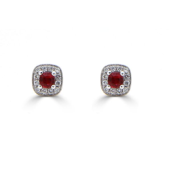 18ct White Gold Ruby & Diamond Cushion Cut Stud Earrings-1