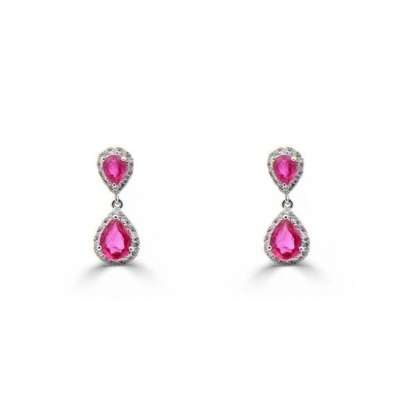 18ct White Gold Pear Cut Ruby & Diamond Cluster Drop Earrings-1