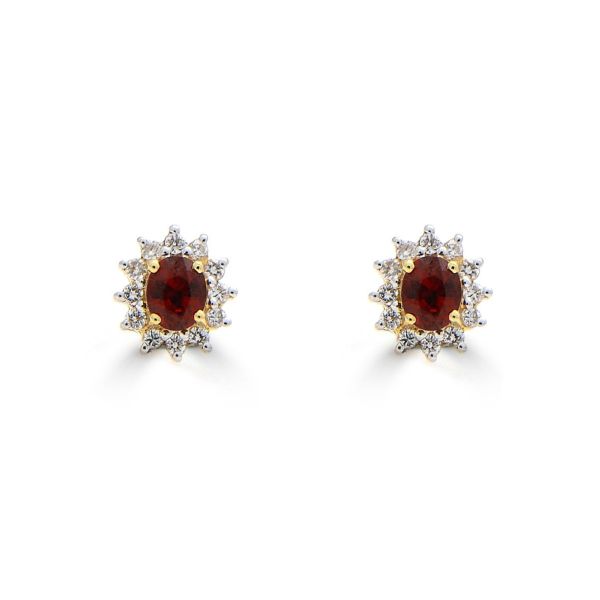 18ct Two-Tone Gold Oval Cut Ruby & Diamond Cluster Earrings-1