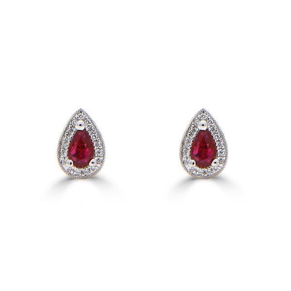 18ct White Gold Ruby & Diamond Pear-Shaped Cluster Stud Earrings-1323137