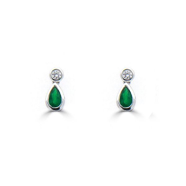 18ct White Gold Pear Cut Emerald & DIamond Drop Earrings-1