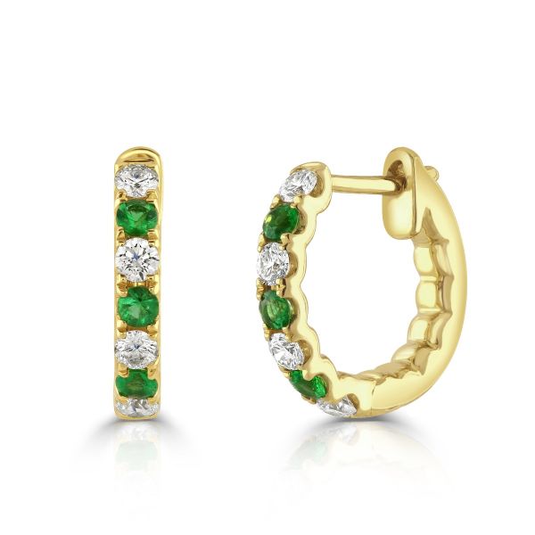 18ct Yellow Gold Emerald & Diamond Hoop Earrings-1