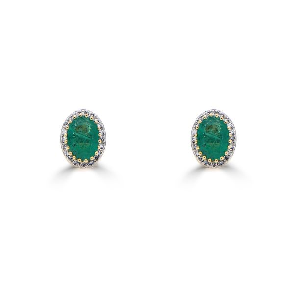 18ct Yellow Gold Emerald & Diamond Cluster Stud Earrings-1324075