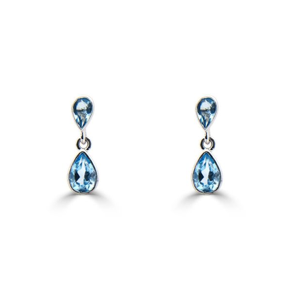 9ct White Gold Blue Topaz Double Pear Shape Drop Earrings-1328990