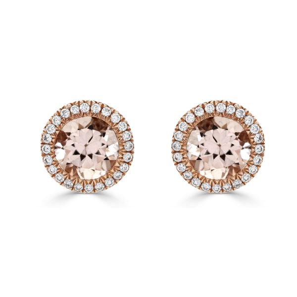 18ct Rose Gold Round Morganite & Diamond Cluster Stud Earrings-2
