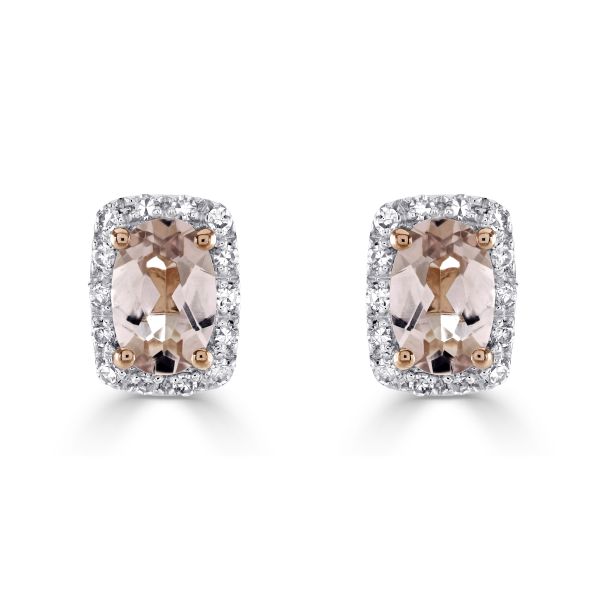 9ct Rose Gold Radiant Cut Morganite & Diamond Cluster Stud Earrings-2