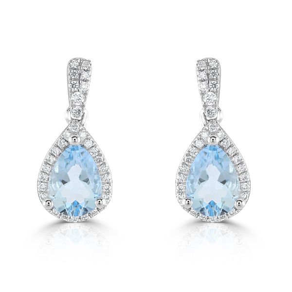 18ct White Gold Pear Cut Aquamarine & Diamond Drop Earrings-1
